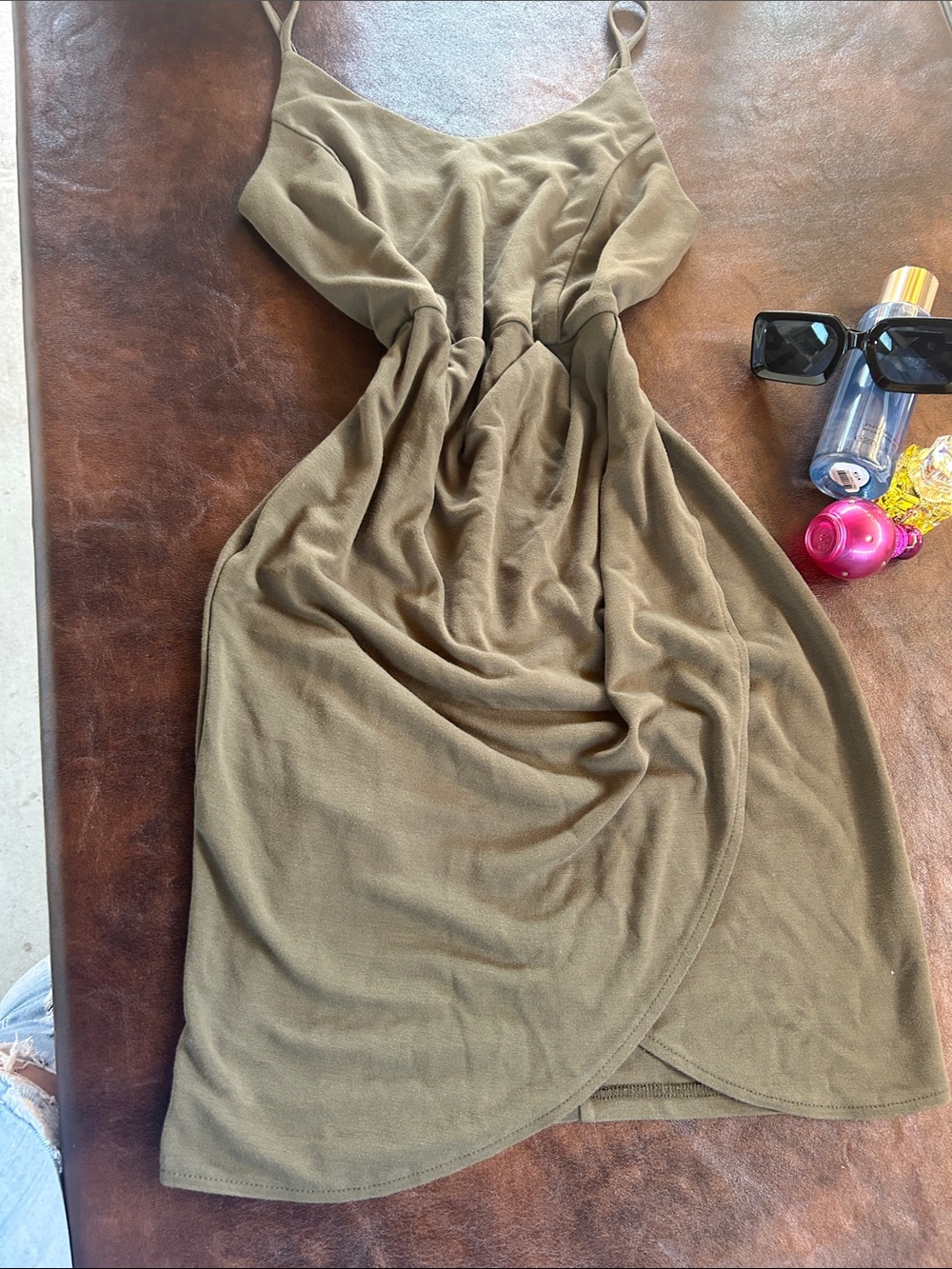 Olive Wrap-Front Spaghetti Strap Dress